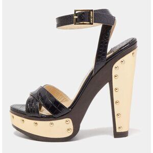 Jimmy Choo Black Croc Embossed Ultimate Wooden Ankle Strap Platform Heels 38.5